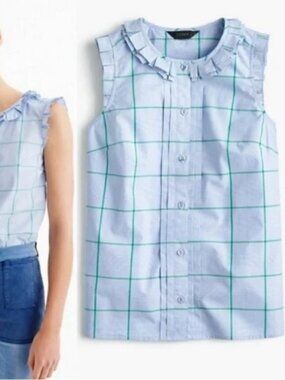 J. Crew Pleated Ruffle Blouse Sleeveless Women’s 12 Windowpane Stripe Buttondown